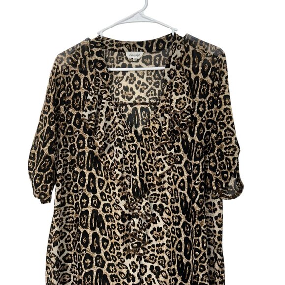 Siren Lily Strech Mesh Leopard Print Ruffled Top Blouse Women 1X Ruffle V neck - Picture 2 of 12
